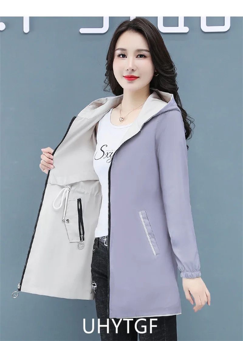 UHYTGF Double-Sided Trench Coat Women Spring Autumn Clothes Hooded Large Size Long Windbreaker Jacket Female Outerwear Tops 2680