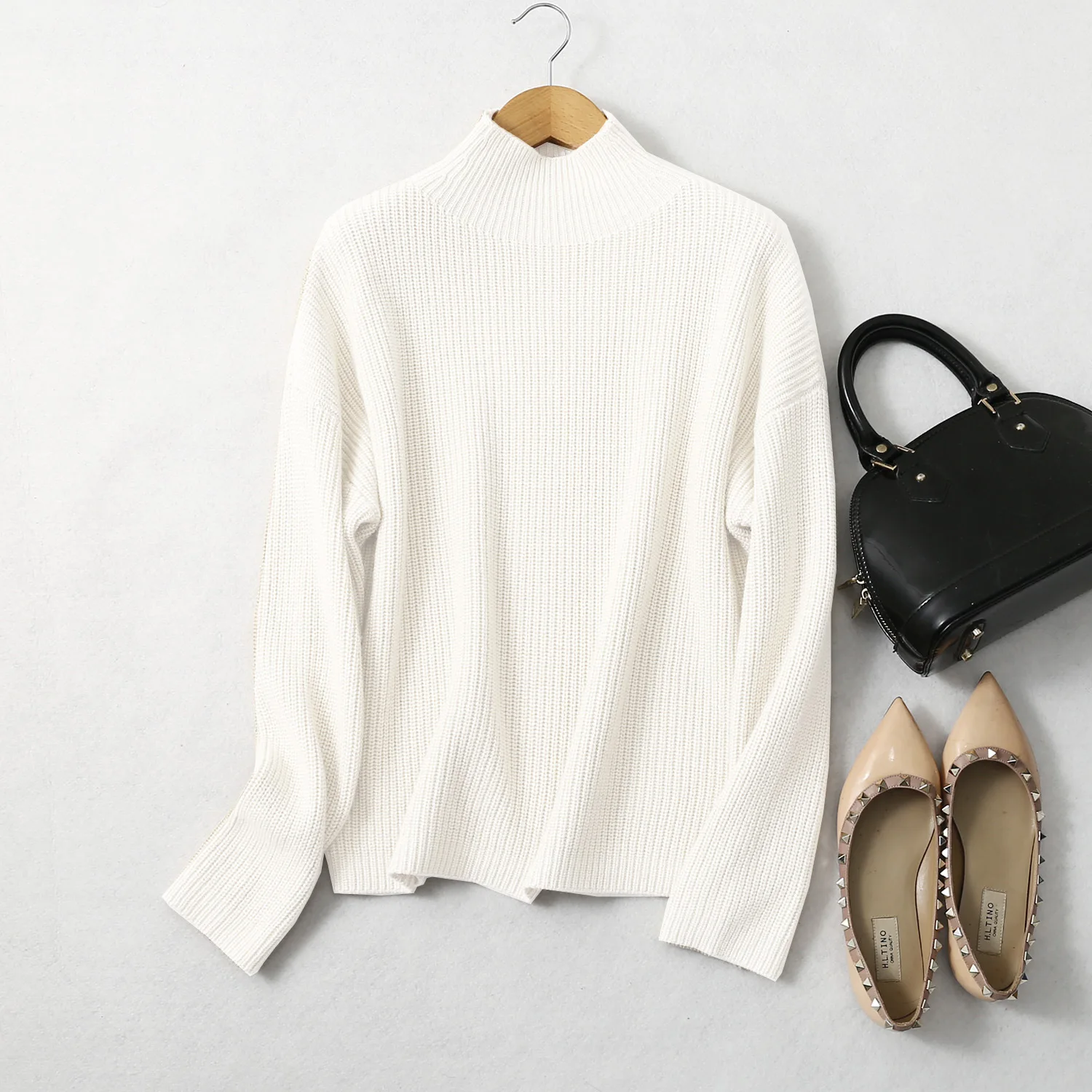 BirdTree 85% Silk 15% Cashmere Sweater, Women Beige Warm Mock Neck, Everyday Long Sleeve Solid Pullover, 2026 Spring T41872QC
