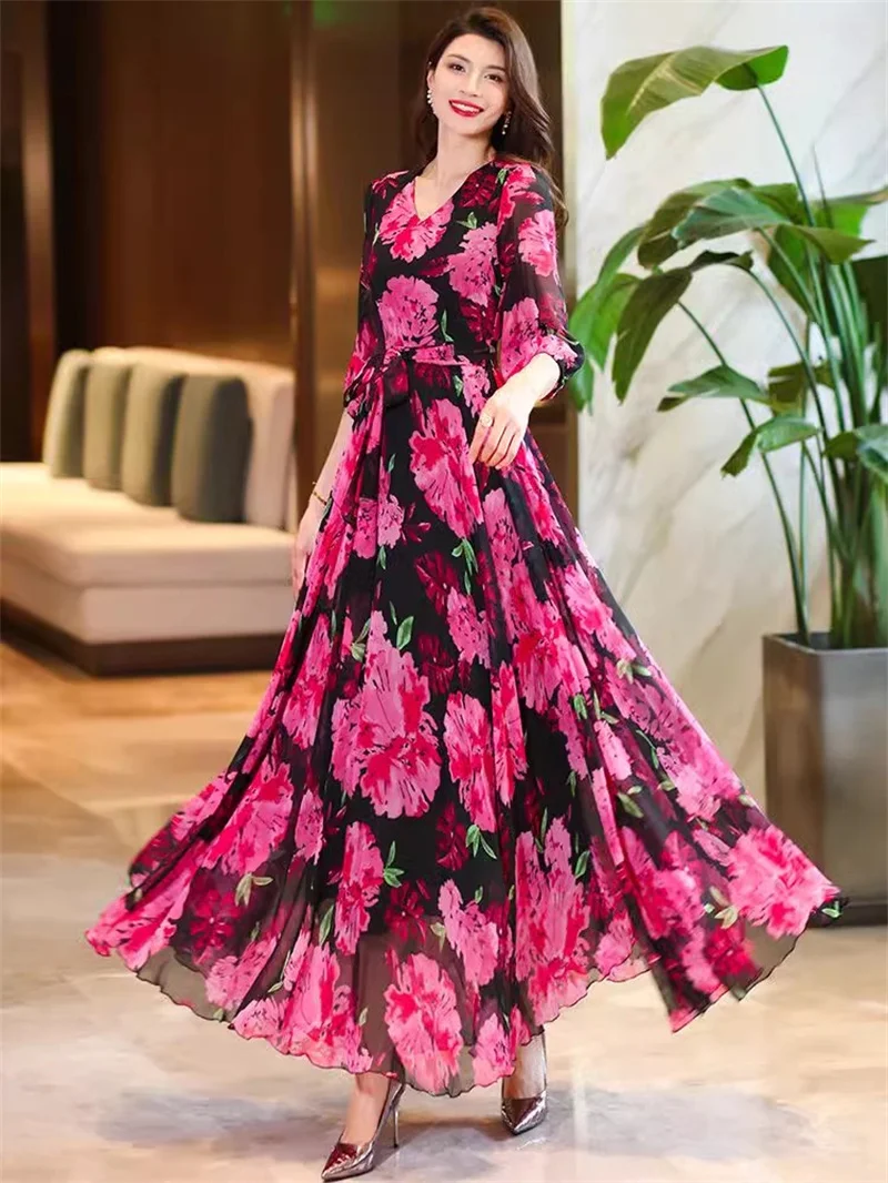  2026 New Spring/Summer Flower Large Swing Dress with Waist for Tourist Holiday Dress Chiffon Dress Beach Dress With Lace-UP