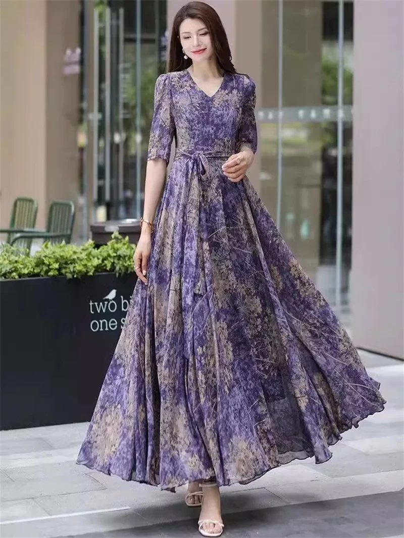  2026 New Spring/Summer Flower Large Swing Dress with Waist for Tourist Holiday Dress Chiffon Dress Beach Dress With Lace-UP