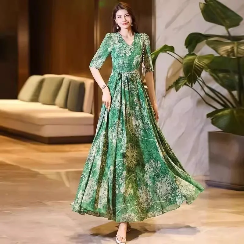  2026 New Spring/Summer Flower Large Swing Dress with Waist for Tourist Holiday Dress Chiffon Dress Beach Dress With Lace-UP