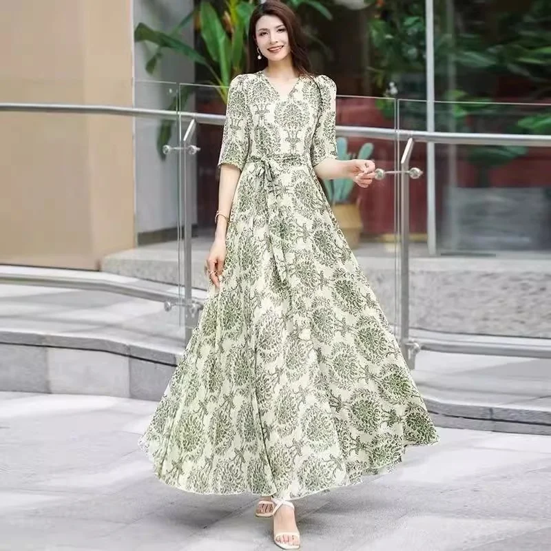  2026 New Spring/Summer Flower Large Swing Dress with Waist for Tourist Holiday Dress Chiffon Dress Beach Dress With Lace-UP