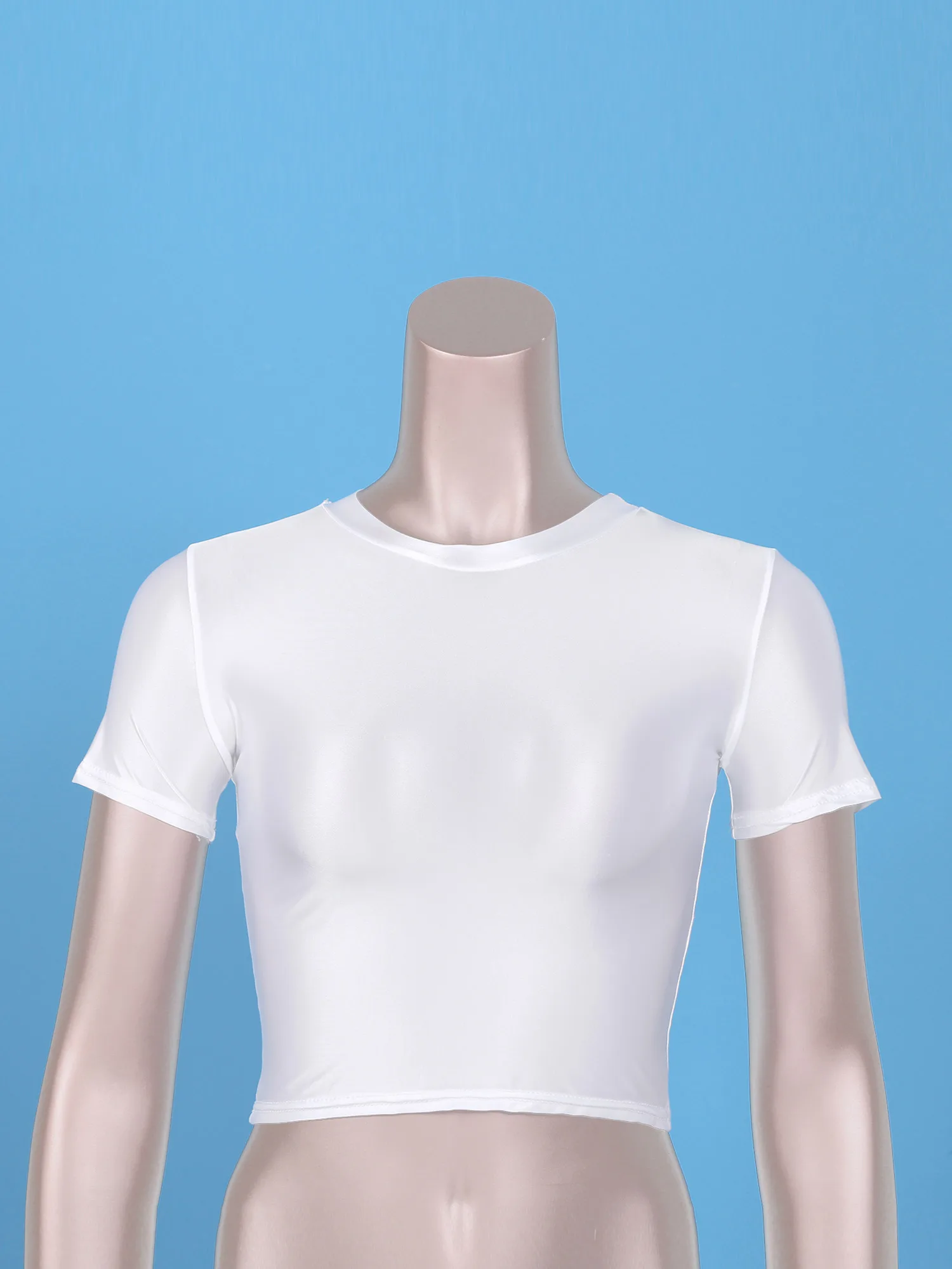 Womens Glossy Short Sleeve Crop Top Solid Color Round Neck Slim Fit T-shirt Smooth Stretchy Tank Tops Yoga Sportswear Swimwear