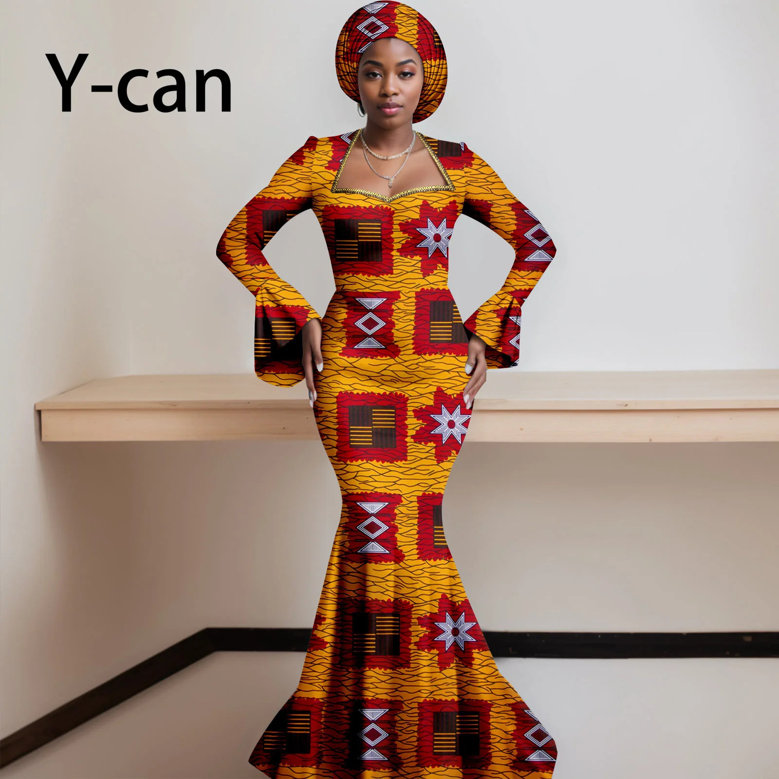 African Dresses for Women 2023 Dashiki Print Ruffles Sleeve Vestido Feminino with Headwrap Party Wedding Dresses Outfits 2425012