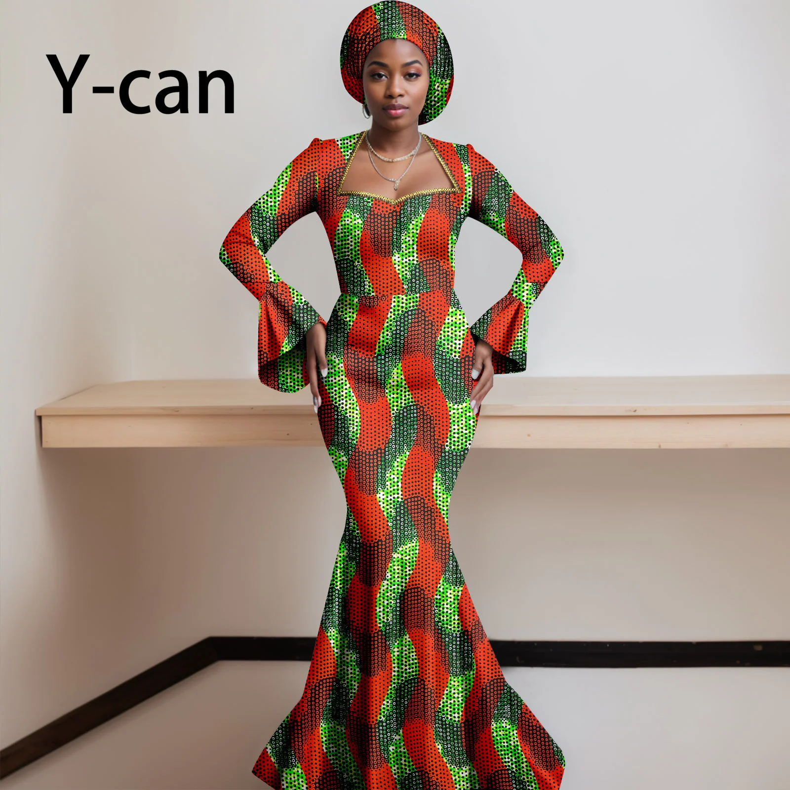 African Dresses for Women 2023 Dashiki Print Ruffles Sleeve Vestido Feminino with Headwrap Party Wedding Dresses Outfits 2425012