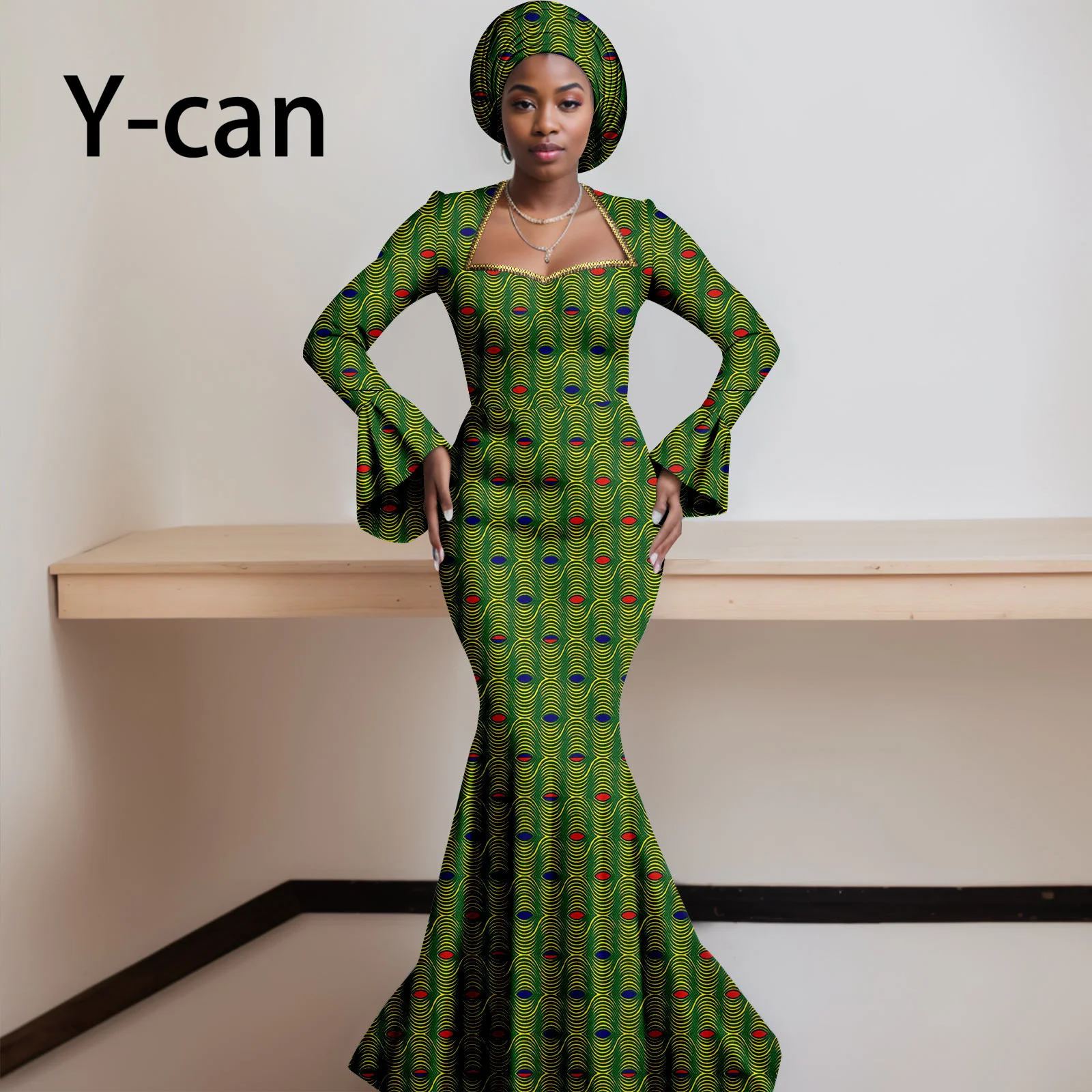 African Dresses for Women 2023 Dashiki Print Ruffles Sleeve Vestido Feminino with Headwrap Party Wedding Dresses Outfits 2425012