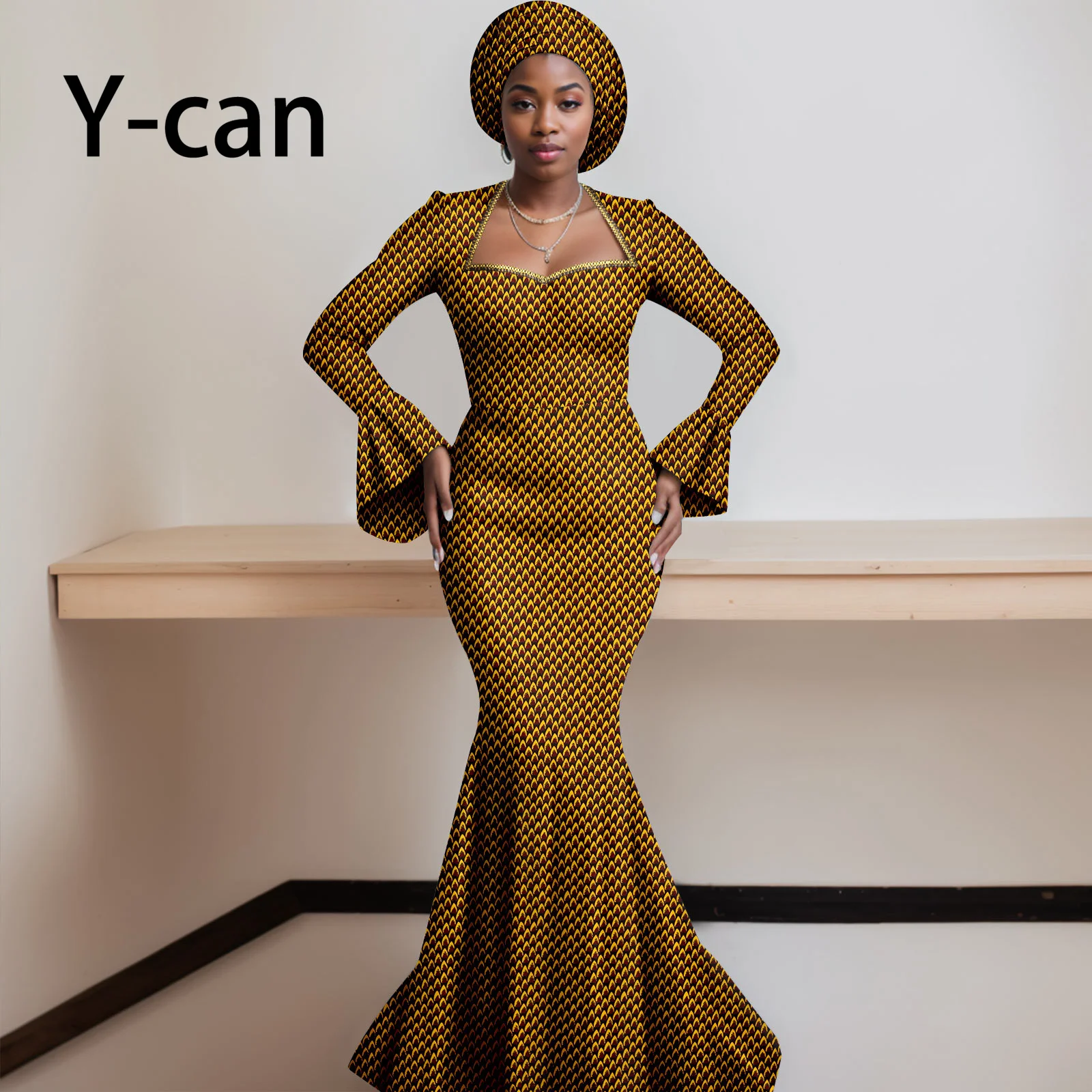 African Dresses for Women 2023 Dashiki Print Ruffles Sleeve Vestido Feminino with Headwrap Party Wedding Dresses Outfits 2425012