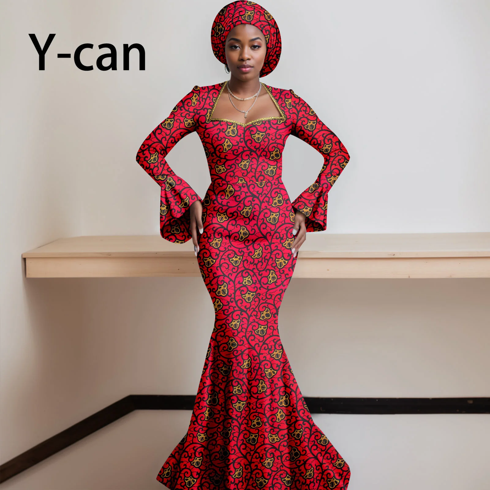 African Dresses for Women 2023 Dashiki Print Ruffles Sleeve Vestido Feminino with Headwrap Party Wedding Dresses Outfits 2425012