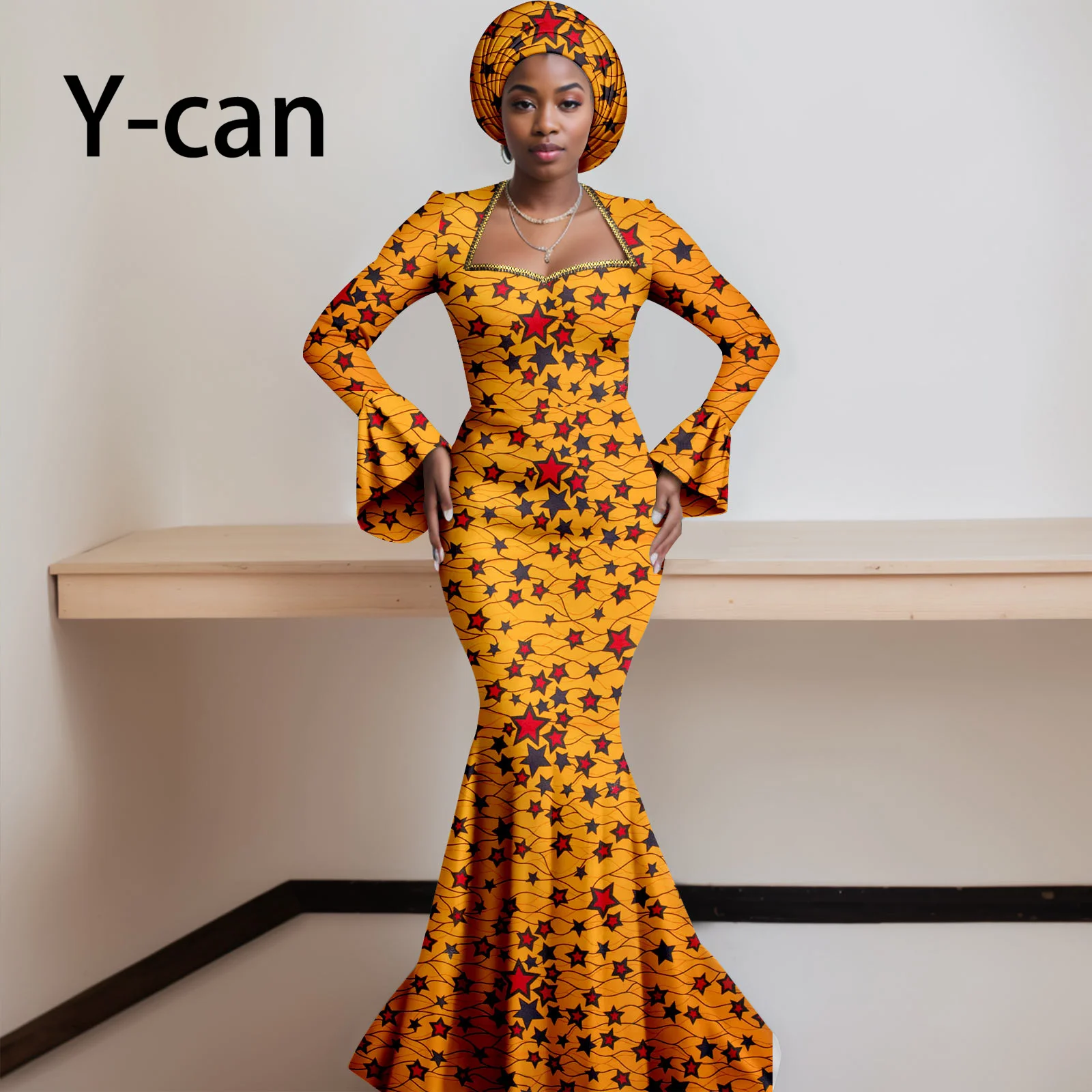 African Dresses for Women 2023 Dashiki Print Ruffles Sleeve Vestido Feminino with Headwrap Party Wedding Dresses Outfits 2425012