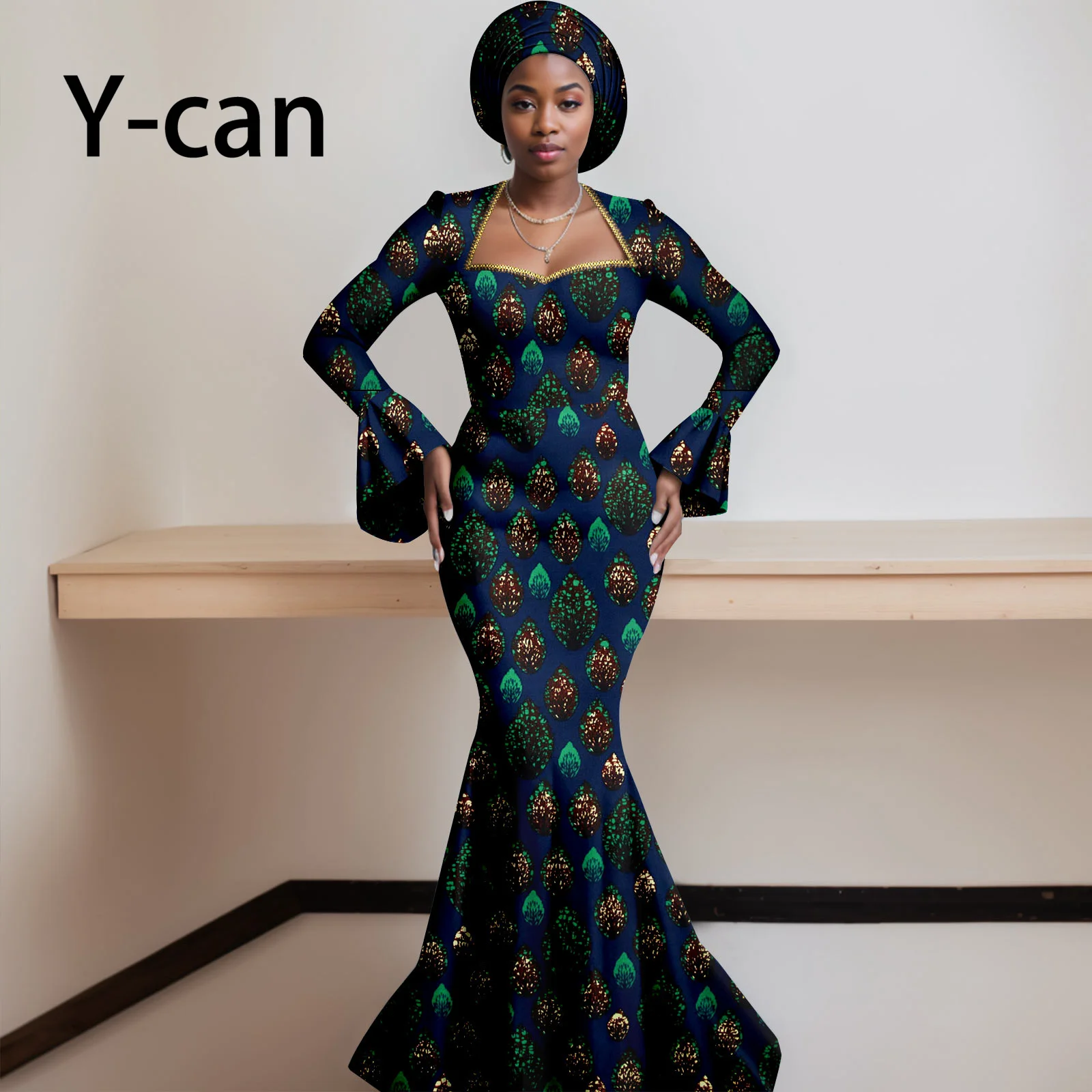 African Dresses for Women 2023 Dashiki Print Ruffles Sleeve Vestido Feminino with Headwrap Party Wedding Dresses Outfits 2425012