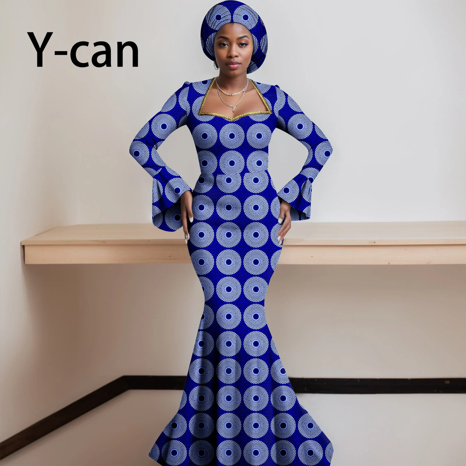 African Dresses for Women 2023 Dashiki Print Ruffles Sleeve Vestido Feminino with Headwrap Party Wedding Dresses Outfits 2425012