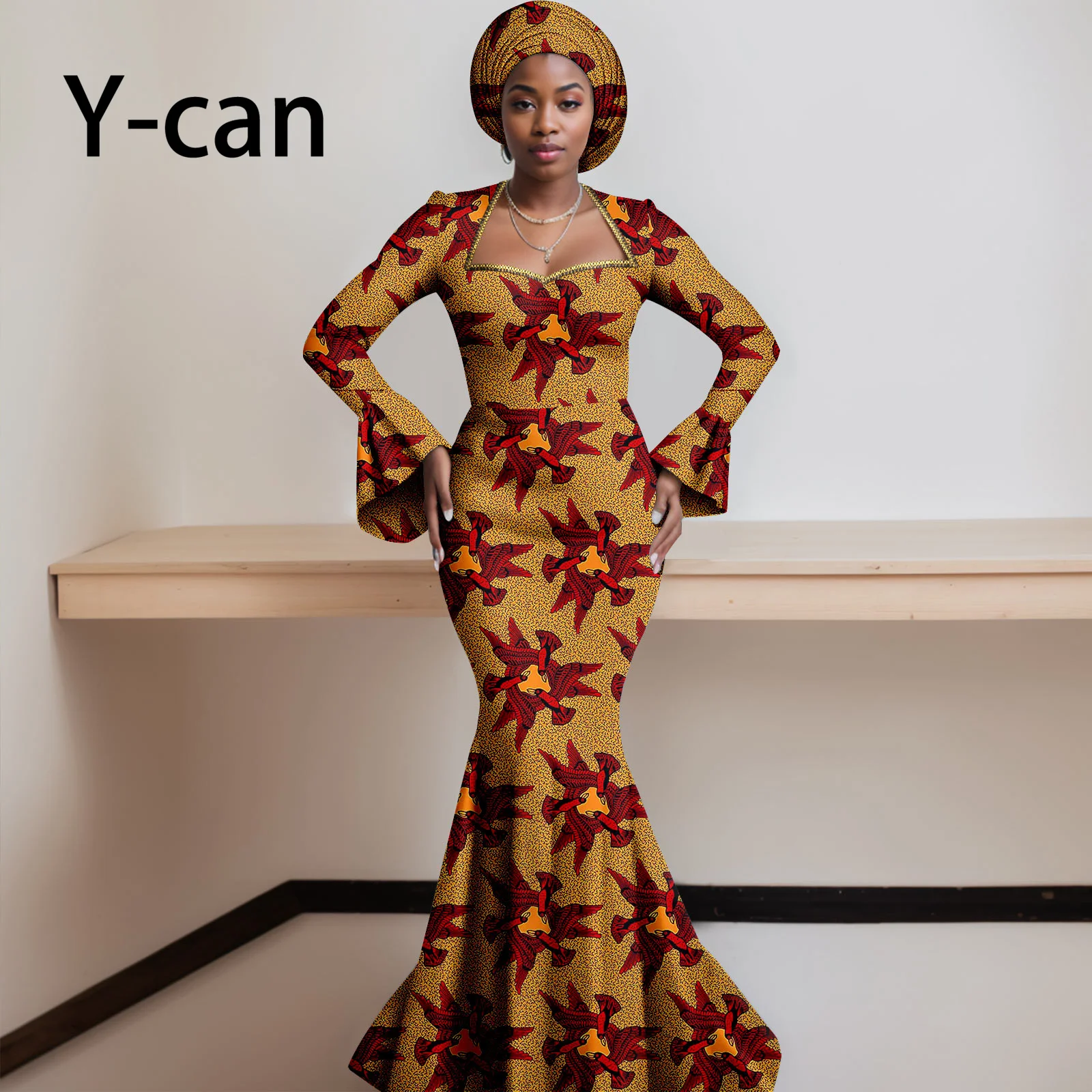 African Dresses for Women 2023 Dashiki Print Ruffles Sleeve Vestido Feminino with Headwrap Party Wedding Dresses Outfits 2425012