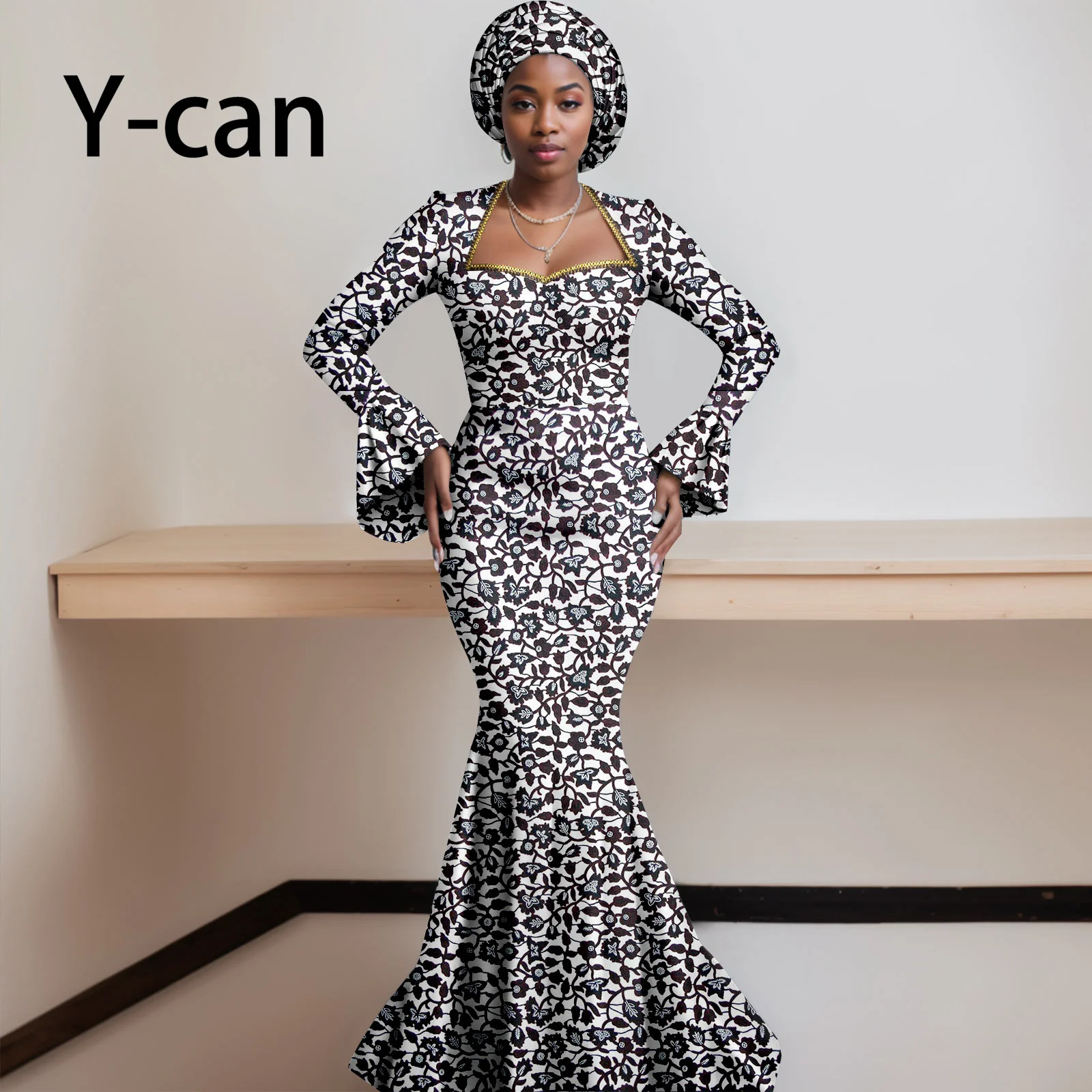 African Dresses for Women 2023 Dashiki Print Ruffles Sleeve Vestido Feminino with Headwrap Party Wedding Dresses Outfits 2425012