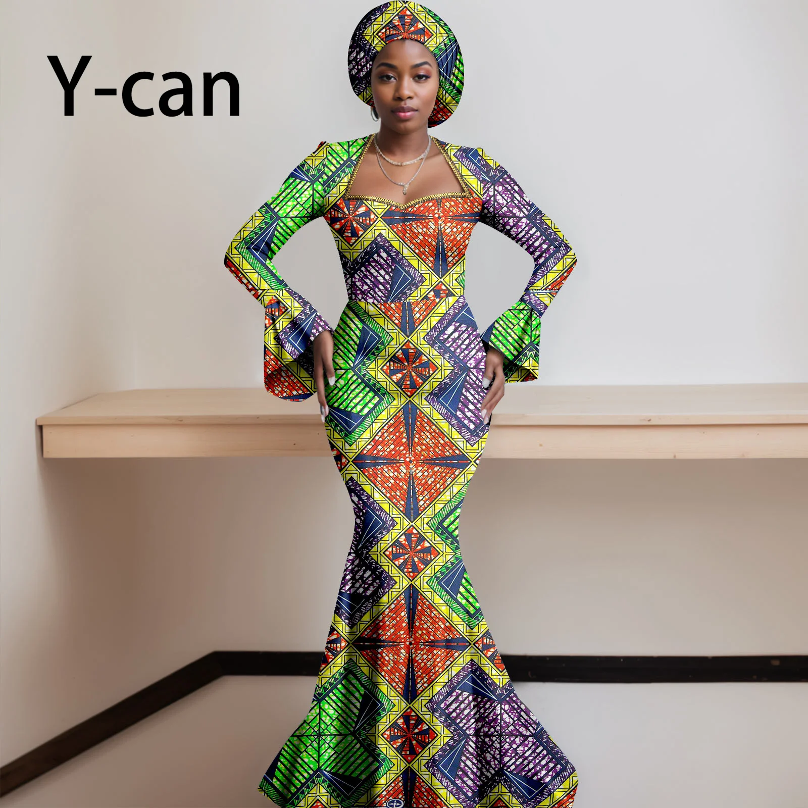 African Dresses for Women 2023 Dashiki Print Ruffles Sleeve Vestido Feminino with Headwrap Party Wedding Dresses Outfits 2425012