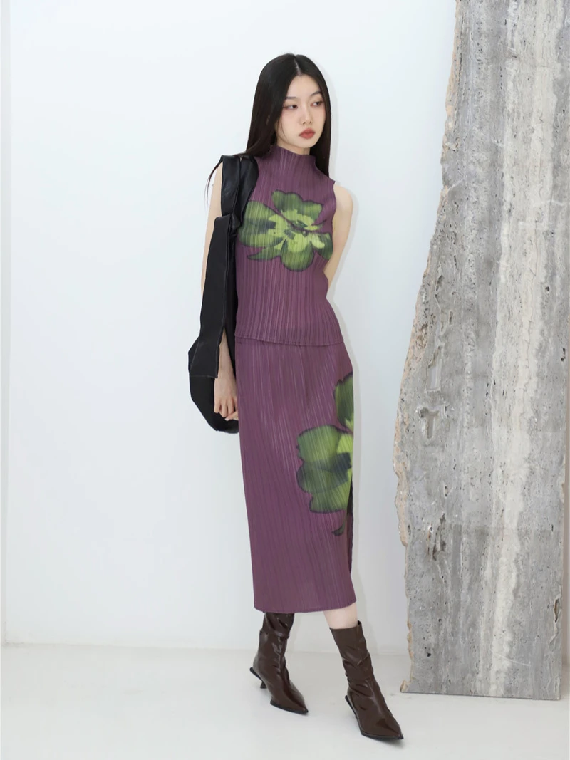CHEERART Pleated Floral Summer Outfits For Women 2023 Purple Long Skirt And Sleeveless Top 2 Piece Set Fashion Designer Clothes
