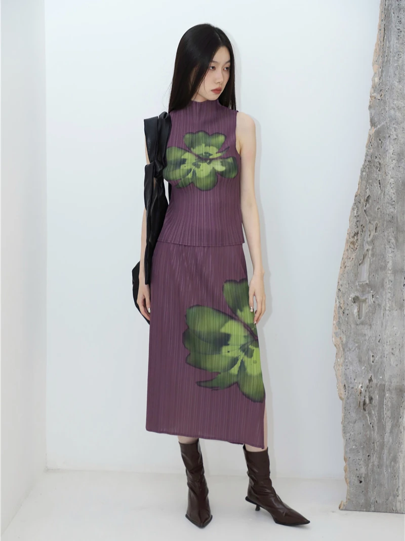 CHEERART Pleated Floral Summer Outfits For Women 2023 Purple Long Skirt And Sleeveless Top 2 Piece Set Fashion Designer Clothes