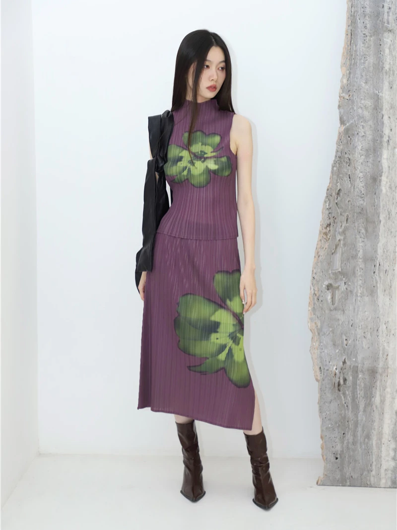 CHEERART Pleated Floral Summer Outfits For Women 2023 Purple Long Skirt And Sleeveless Top 2 Piece Set Fashion Designer Clothes