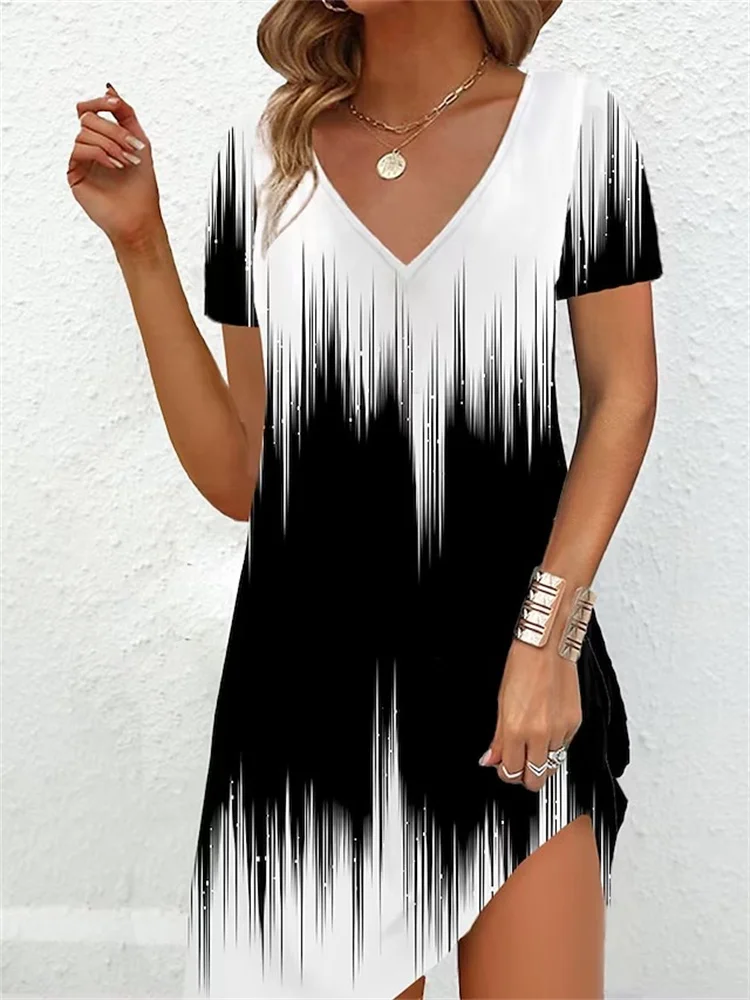 2023 Fashion Plus Size Dress Women Casual Loose V-Neck Ladies Summer Print Party Women's New Summer Pullovers Short Sleeve Dress