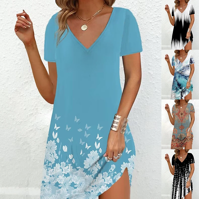 2023 Fashion Plus Size Dress Women Casual Loose V-Neck Ladies Summer Print Party Women's New Summer Pullovers Short Sleeve Dress