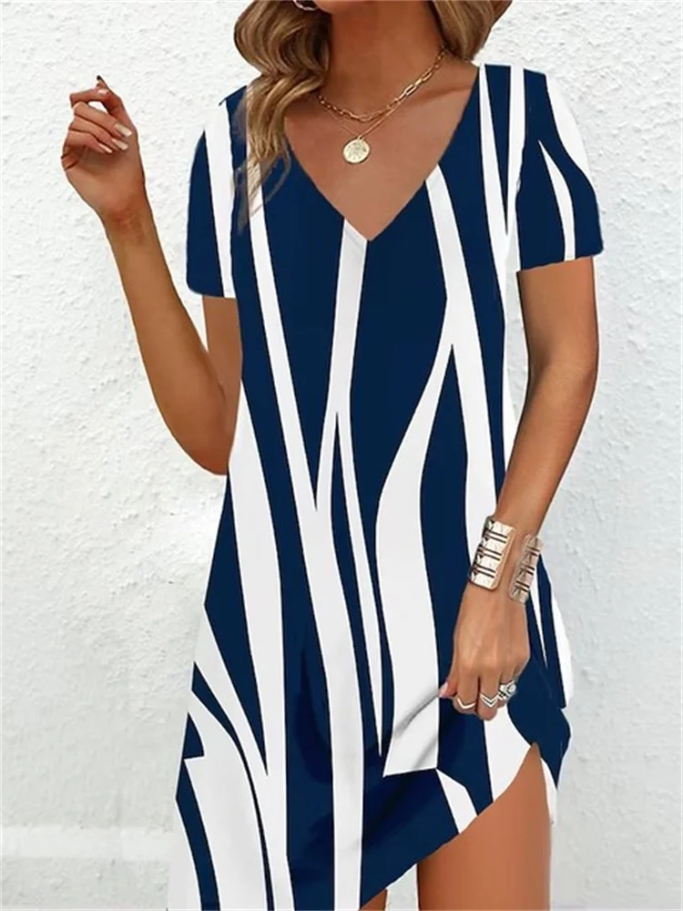2023 Fashion Plus Size Dress Women Casual Loose V-Neck Ladies Summer Print Party Women's New Summer Pullovers Short Sleeve Dress