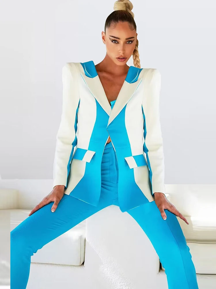 HIGH STREET Newest 2026 Designer Runway Suit Set Women's Color Block Blazer Flare Pants Suit