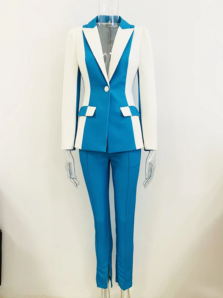 HIGH STREET Newest 2026 Designer Runway Suit Set Women's Color Block Blazer Flare Pants Suit