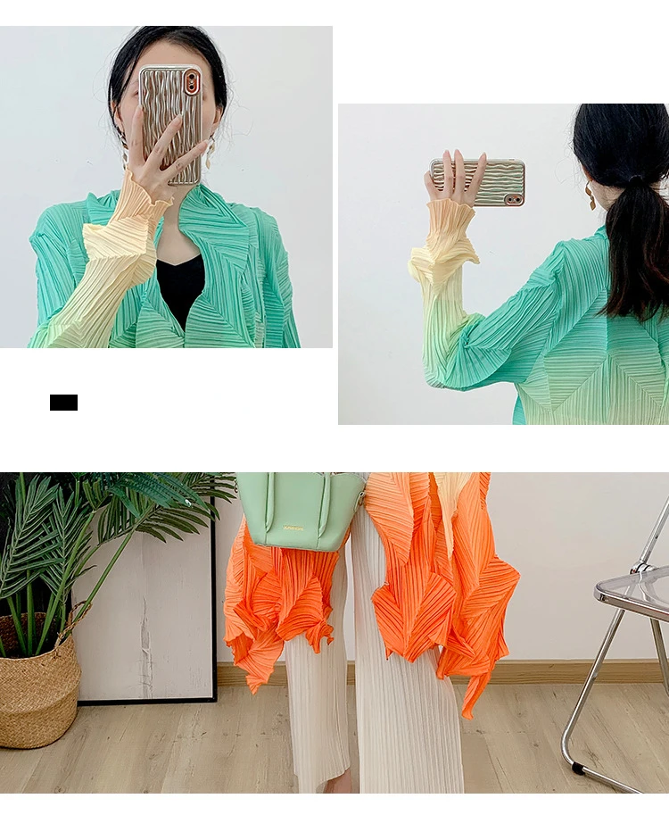 2025 New Fashion Miyake Pleated Gradient Mid-length Loose Cardigan Cape Jacket Autumn Coat Women