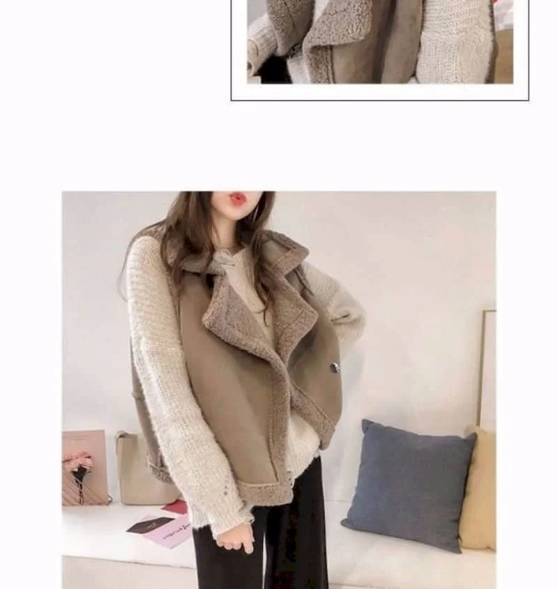 Fleece Waistcoats for Women Lambhair Coats Lapel Vests Casual Sleeveless Cardigans Oversized Winter Jackets Loose Women Tops