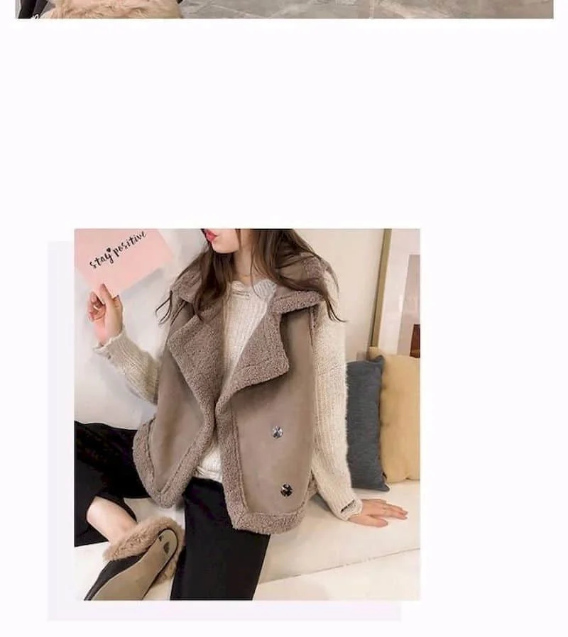 Fleece Waistcoats for Women Lambhair Coats Lapel Vests Casual Sleeveless Cardigans Oversized Winter Jackets Loose Women Tops
