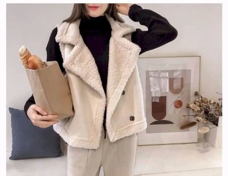 Fleece Waistcoats for Women Lambhair Coats Lapel Vests Casual Sleeveless Cardigans Oversized Winter Jackets Loose Women Tops