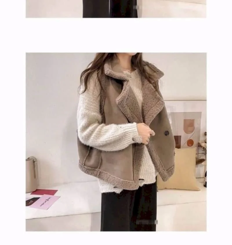 Fleece Waistcoats for Women Lambhair Coats Lapel Vests Casual Sleeveless Cardigans Oversized Winter Jackets Loose Women Tops