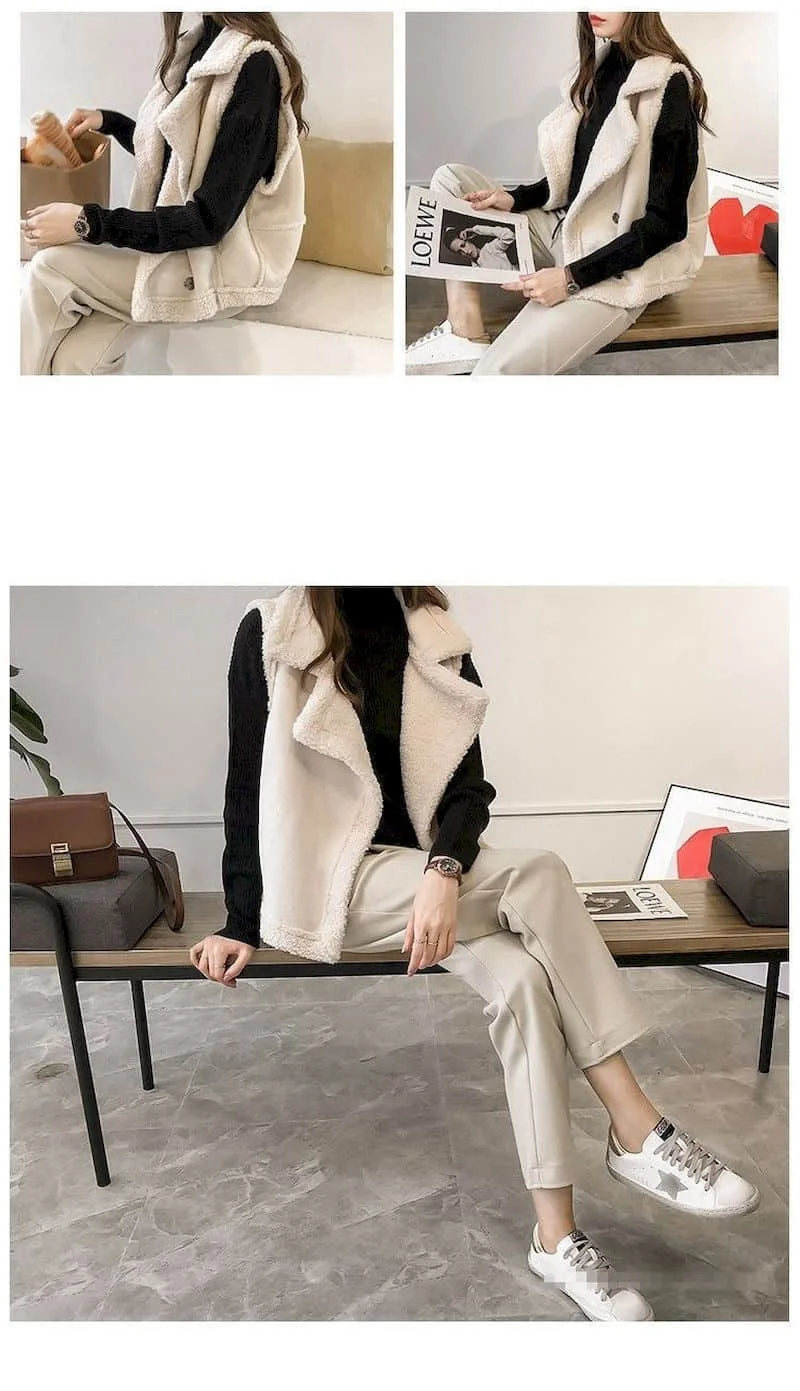 Fleece Waistcoats for Women Lambhair Coats Lapel Vests Casual Sleeveless Cardigans Oversized Winter Jackets Loose Women Tops
