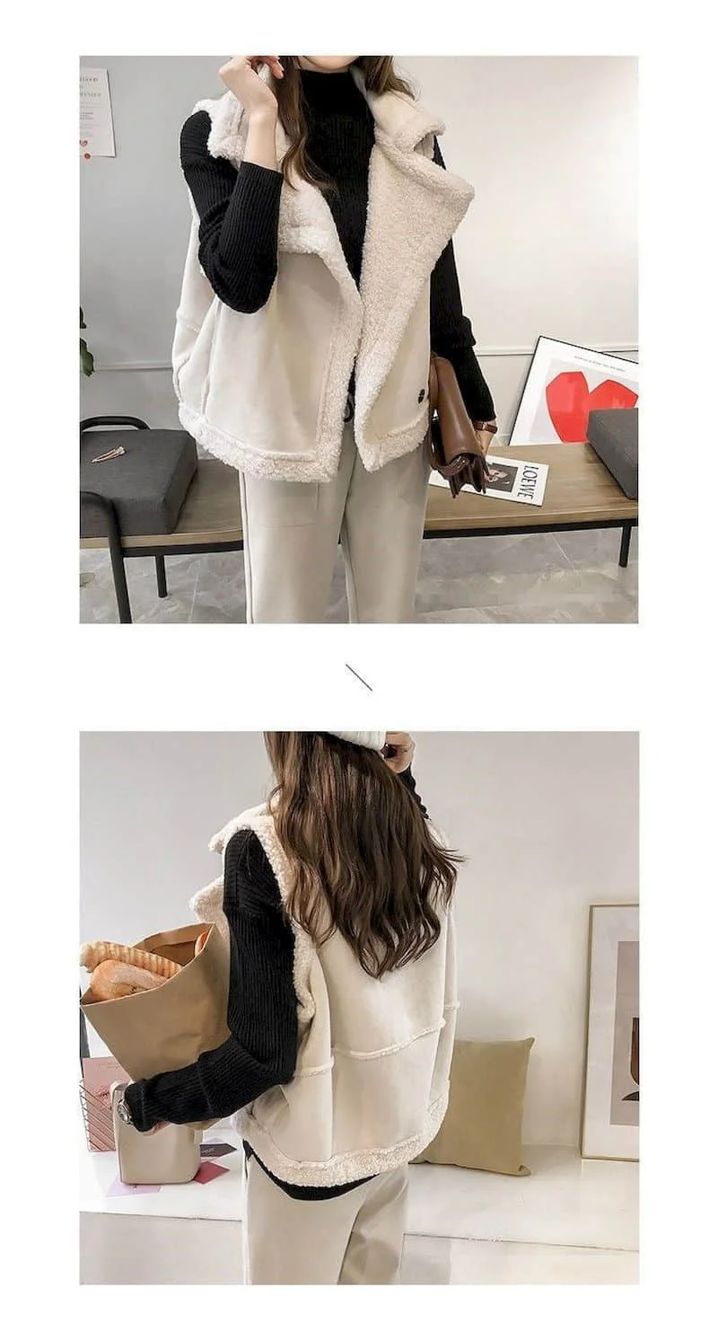 Fleece Waistcoats for Women Lambhair Coats Lapel Vests Casual Sleeveless Cardigans Oversized Winter Jackets Loose Women Tops