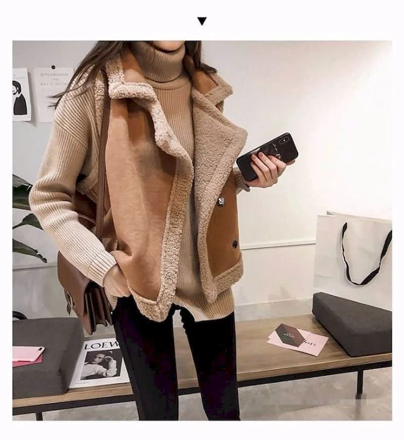 Fleece Waistcoats for Women Lambhair Coats Lapel Vests Casual Sleeveless Cardigans Oversized Winter Jackets Loose Women Tops