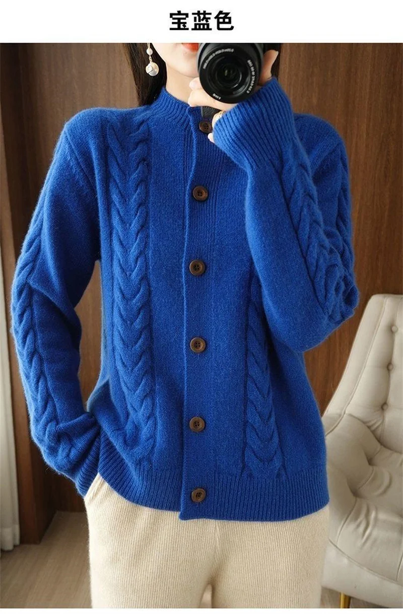 Half High Collar Twists Knitted Cardigan Autumn And Winter High-End Casual Loose Versatile Long Sleeved Base Sweater For Women