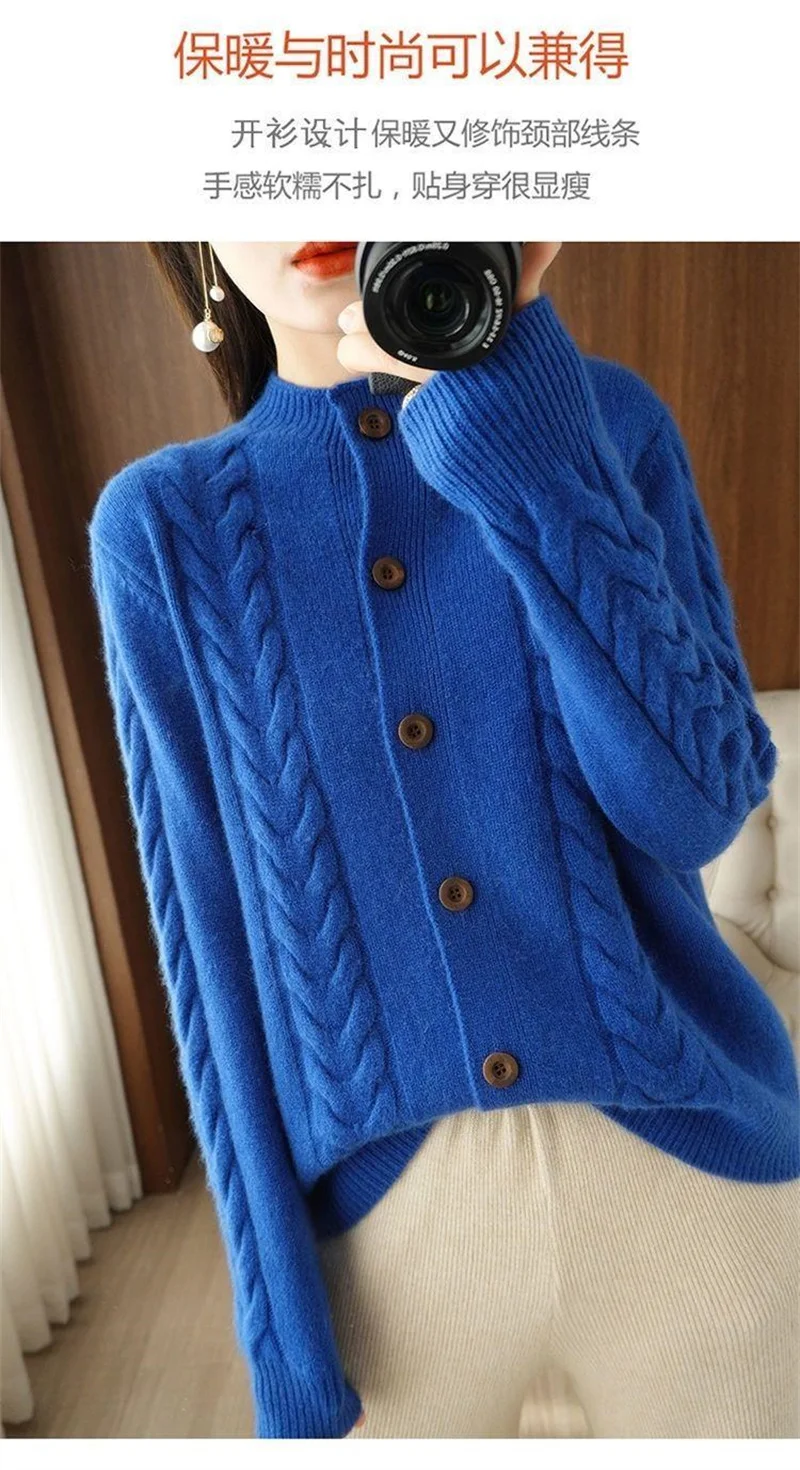 Half High Collar Twists Knitted Cardigan Autumn And Winter High-End Casual Loose Versatile Long Sleeved Base Sweater For Women