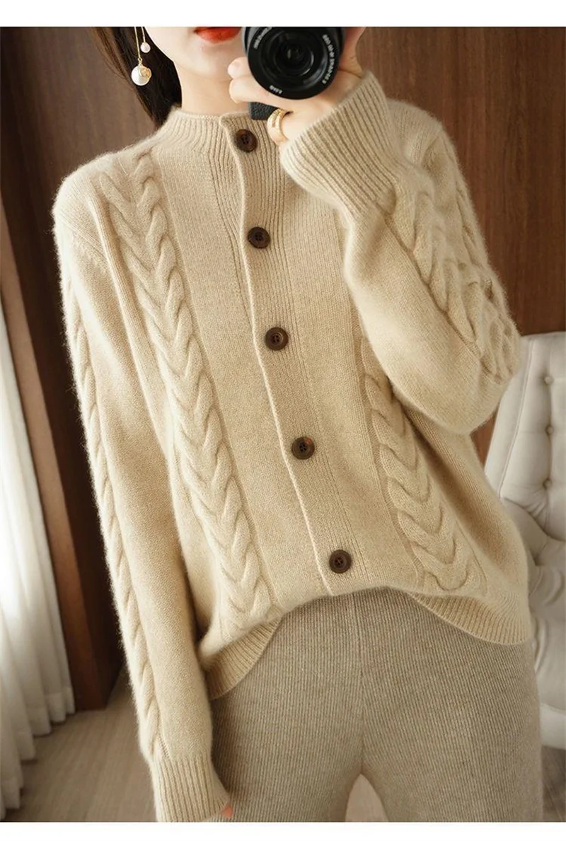 Half High Collar Twists Knitted Cardigan Autumn And Winter High-End Casual Loose Versatile Long Sleeved Base Sweater For Women