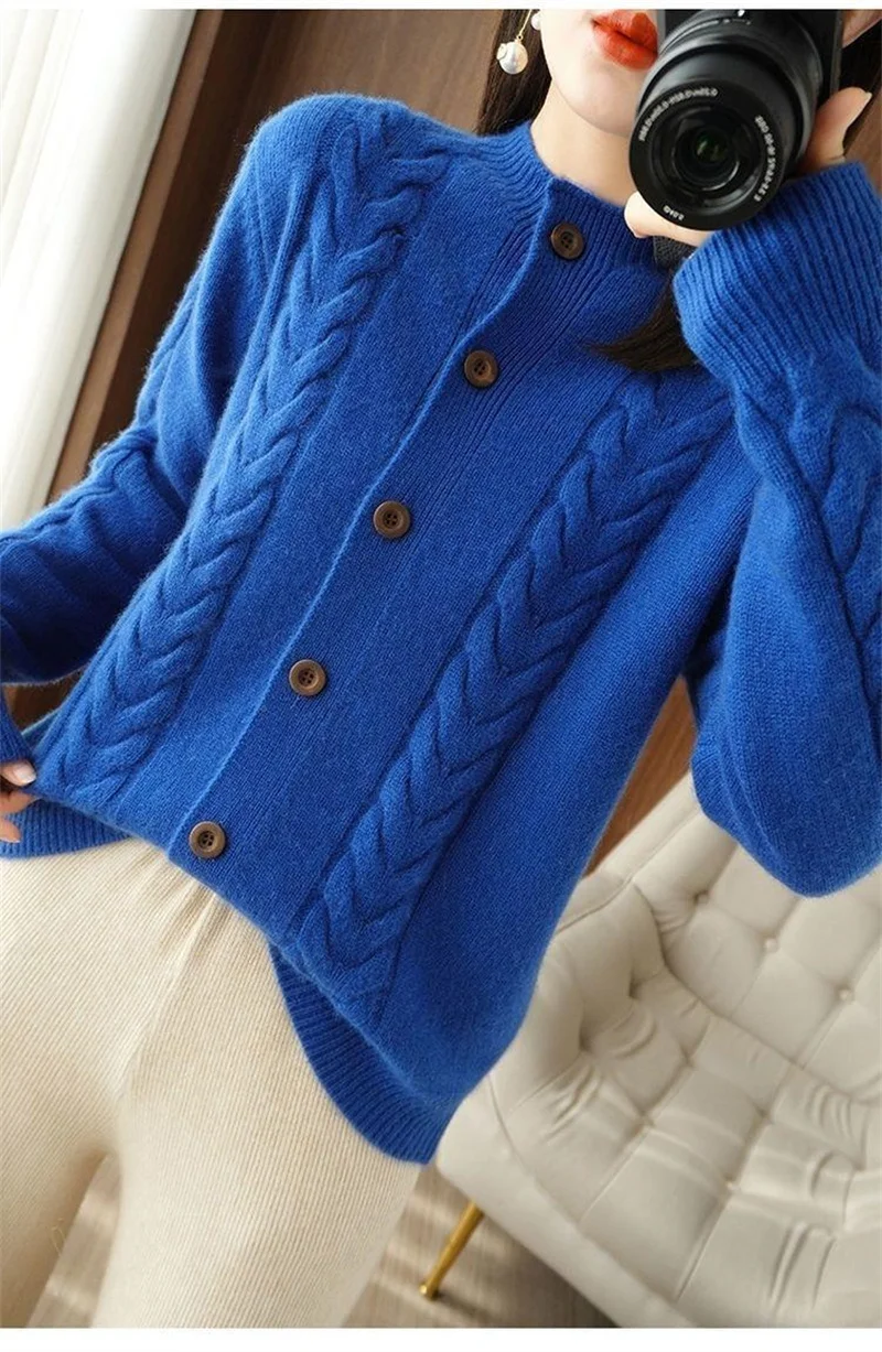 Half High Collar Twists Knitted Cardigan Autumn And Winter High-End Casual Loose Versatile Long Sleeved Base Sweater For Women