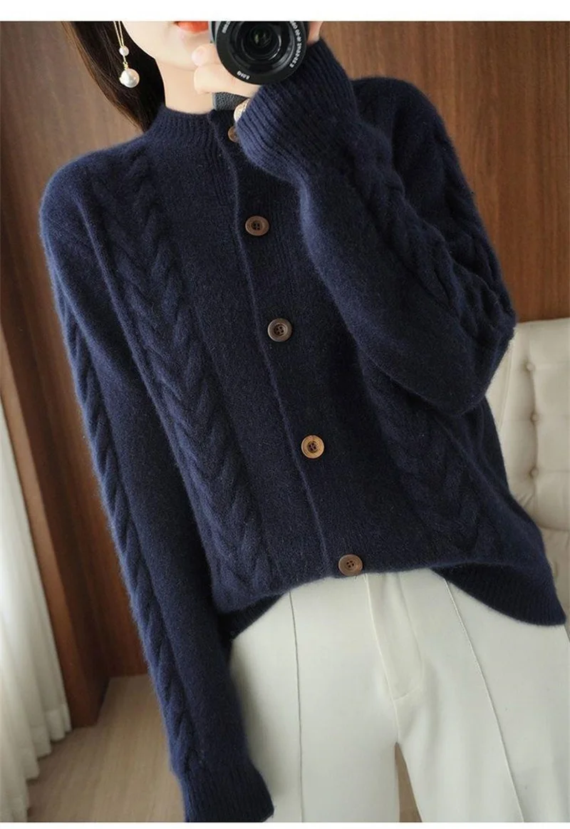 Half High Collar Twists Knitted Cardigan Autumn And Winter High-End Casual Loose Versatile Long Sleeved Base Sweater For Women