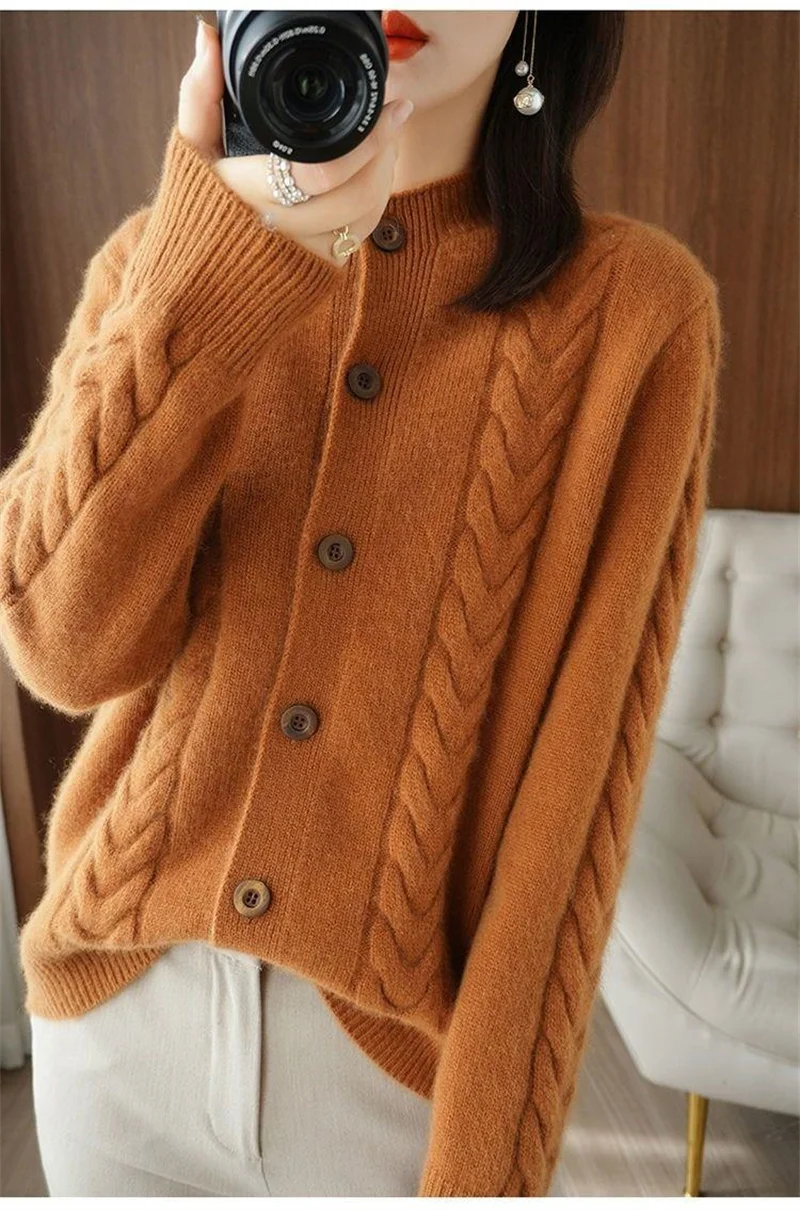 Half High Collar Twists Knitted Cardigan Autumn And Winter High-End Casual Loose Versatile Long Sleeved Base Sweater For Women