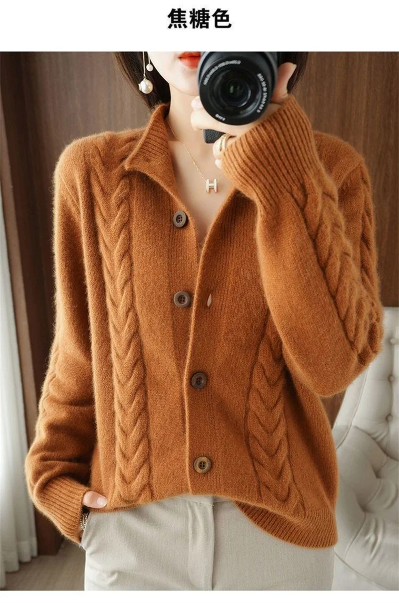 Half High Collar Twists Knitted Cardigan Autumn And Winter High-End Casual Loose Versatile Long Sleeved Base Sweater For Women