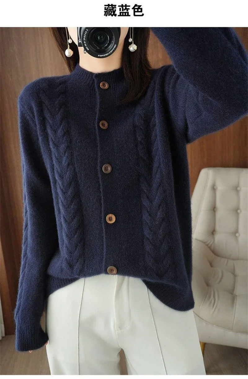 Half High Collar Twists Knitted Cardigan Autumn And Winter High-End Casual Loose Versatile Long Sleeved Base Sweater For Women