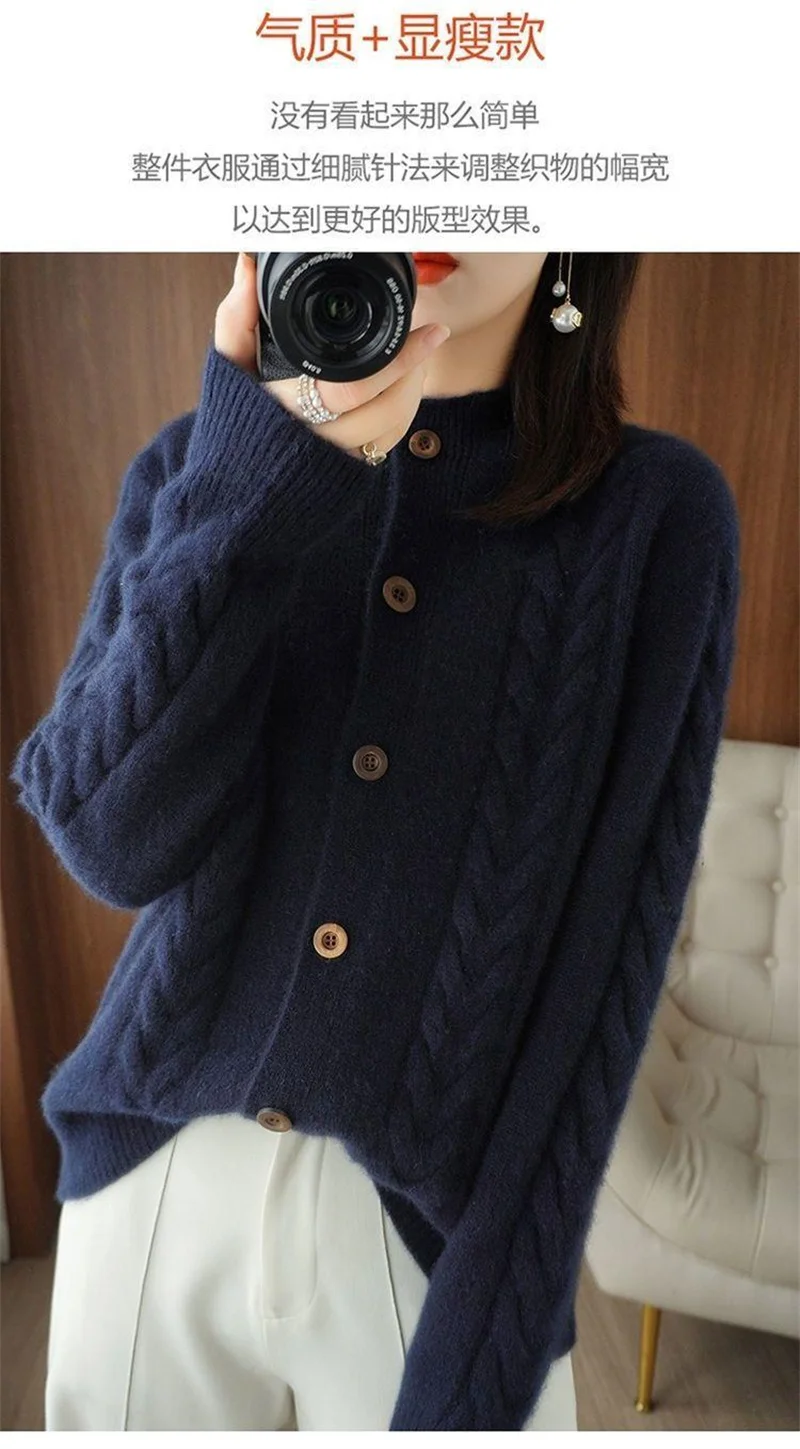 Half High Collar Twists Knitted Cardigan Autumn And Winter High-End Casual Loose Versatile Long Sleeved Base Sweater For Women