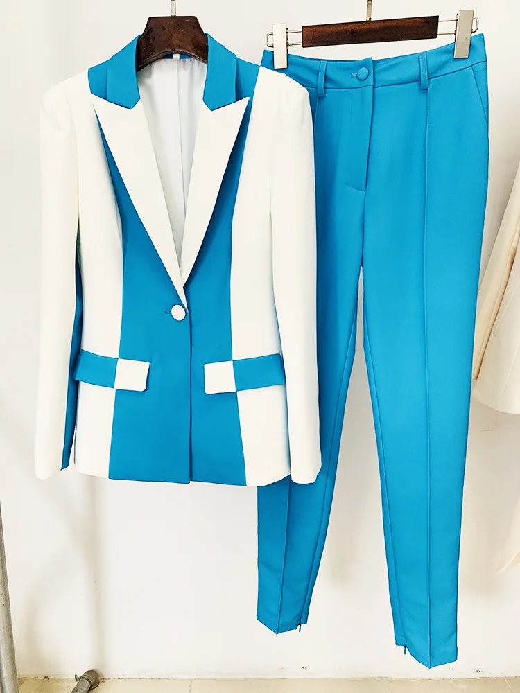 HIGH STREET Newest 2026 Designer Runway Suit Set Women's Contrast Color Block Blazer Pencil Pants Suit 2pcs