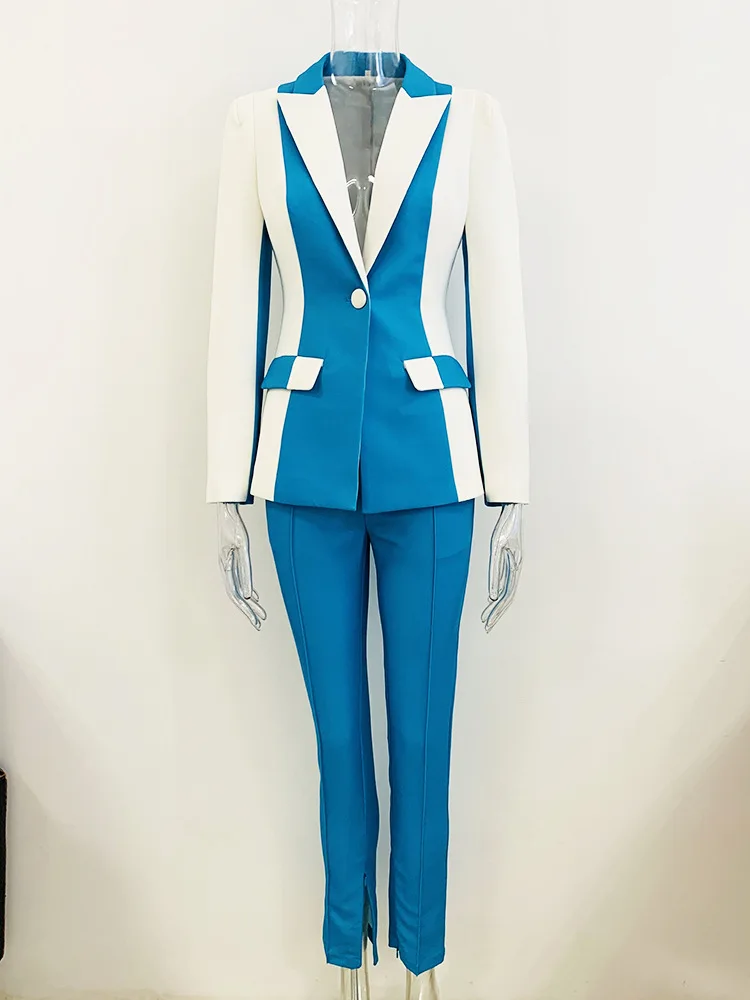 HIGH STREET Newest 2026 Designer Runway Suit Set Women's Contrast Color Block Blazer Pencil Pants Suit 2pcs