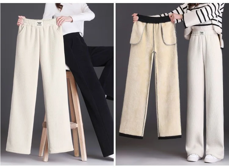 Winter Fleece Lined Wide Leg Pants Casual Thicken Warm Baggy Sweatpants Women High Waist Korean Lamb Fluff Straight Pantalones