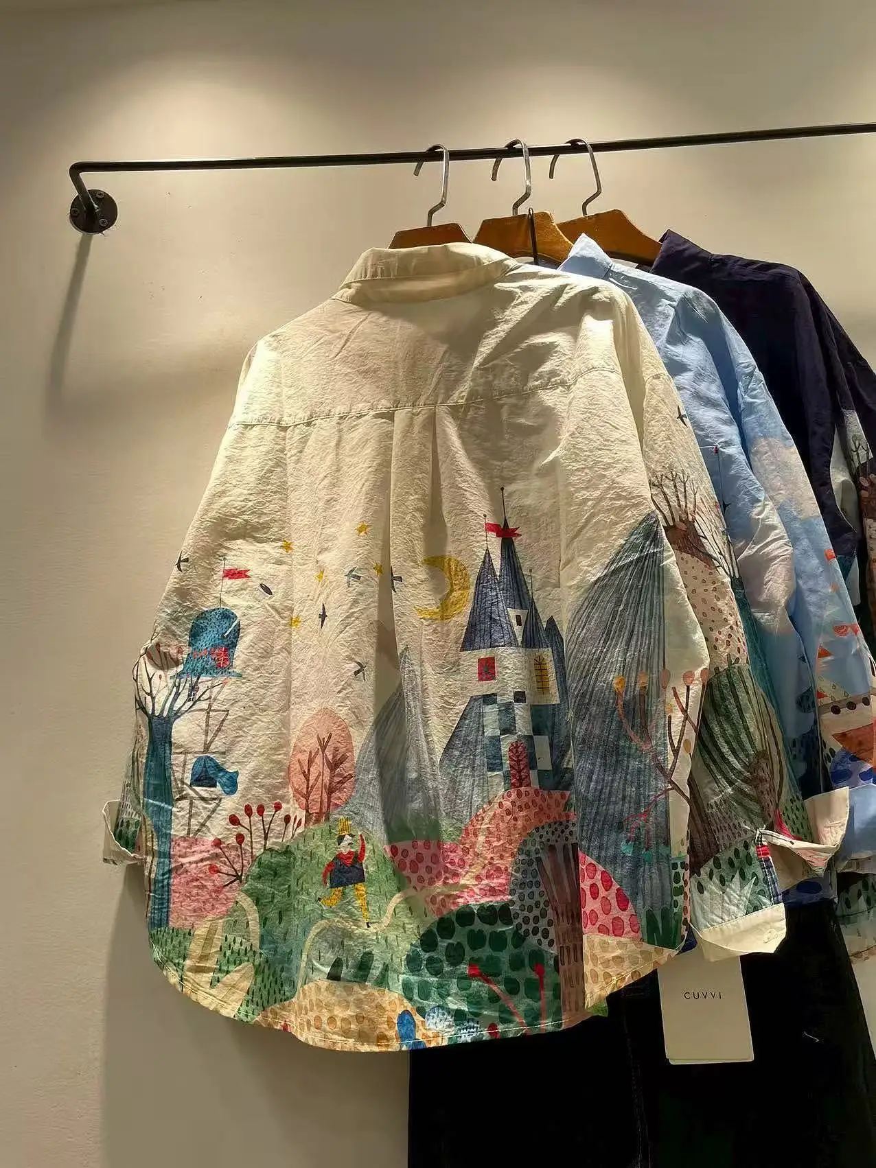Bust 118cm pure cotton original design purple cartoon print shirts long sleeve blouses for women large size oversized shirts