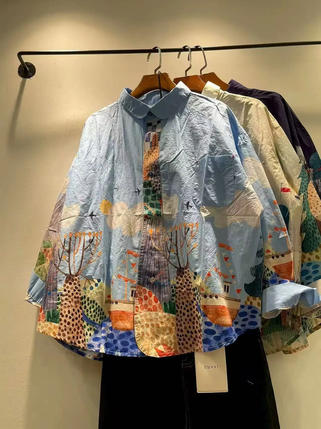 Bust 118cm pure cotton original design purple cartoon print shirts long sleeve blouses for women large size oversized shirts