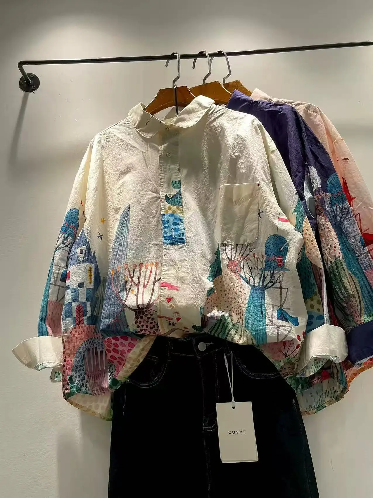 Bust 118cm pure cotton original design purple cartoon print shirts long sleeve blouses for women large size oversized shirts