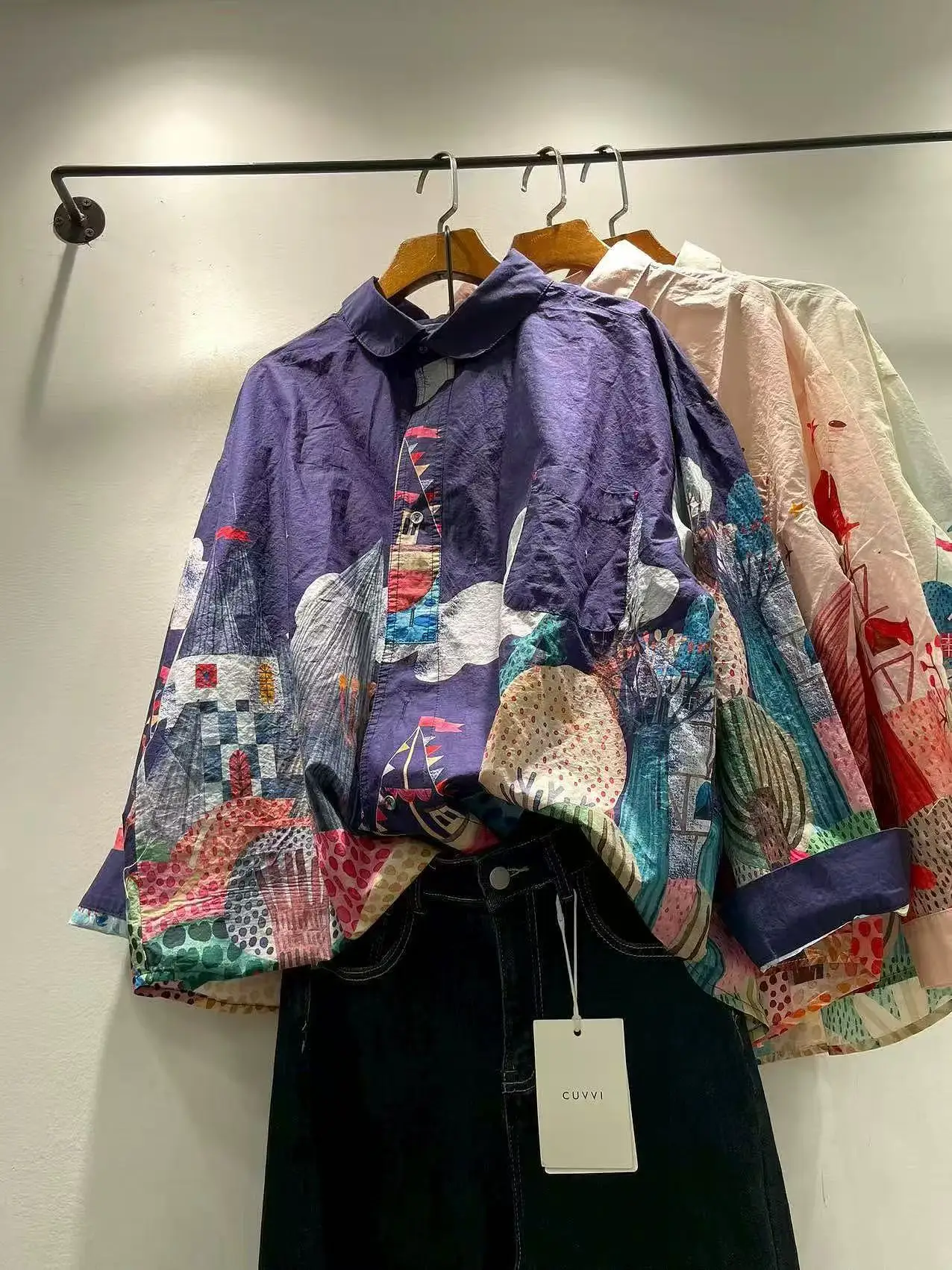 Bust 118cm pure cotton original design purple cartoon print shirts long sleeve blouses for women large size oversized shirts